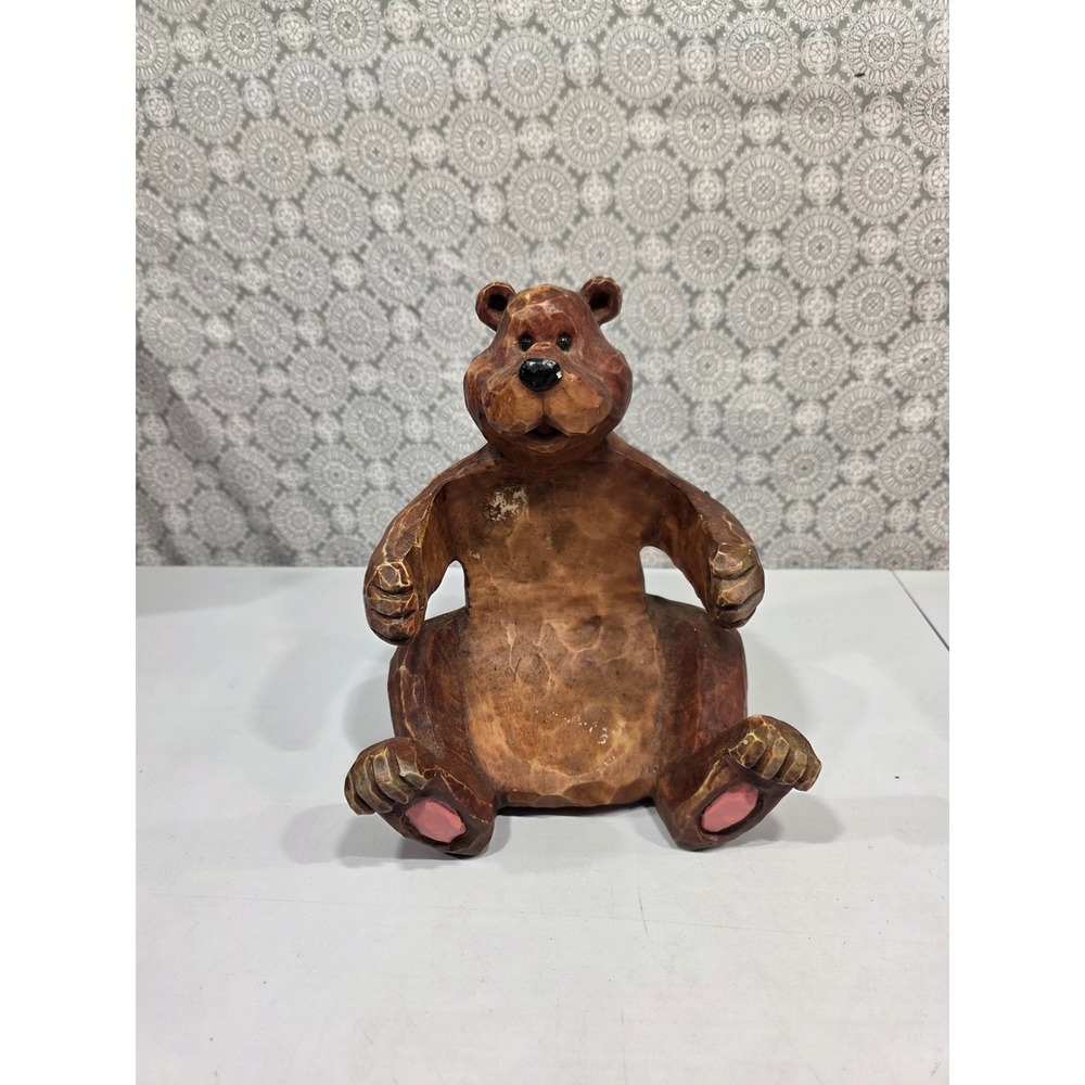 Rustic Hand Carved‎ Wooden Bear Figurine Woodland Animal Toilet Paper Holder